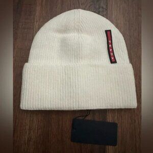 Prada Ribbed Knit Beanie in ivory cream white